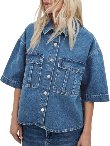 Imily Bela Womens Cropped Denim Jackets Oversized Fall Casual Short Sleeve Jean Shirts Shackets with Pockets