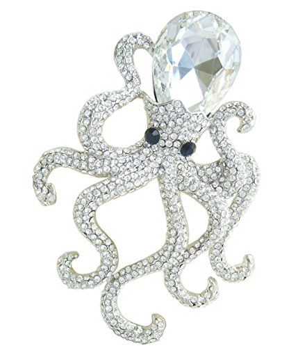Sindary Unique 3.15" Austrian Crystal Octopus Brooch Pin Pendant BZ5097 (Silver-Tone Clear)