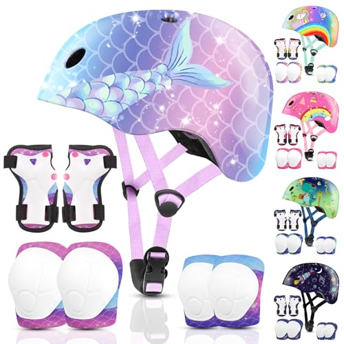 Vvinca Kids Toddlers Bike Helmet Adjustable for Ages 3-5-8 Years, Knee Pads and Elbow Pads Set Wrist Guard Sports Protective Gear Set for Roller Skate Bicycle Skateboard Scooter Girls Birthday Gift