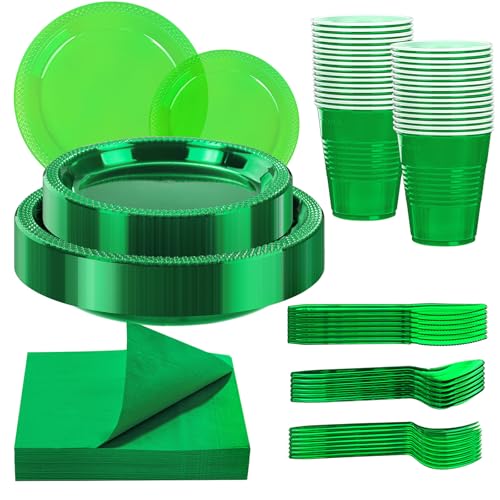WELLIFE 210Pcs Clear Plastic Plates,LIGHT Green Plastic Dinnerware Set,Party Supplies Including Clear Plates, 12OZ Cups, plastic Cutlery and Paper Napkins Serve 30 Guests, Disposable Plates for Party