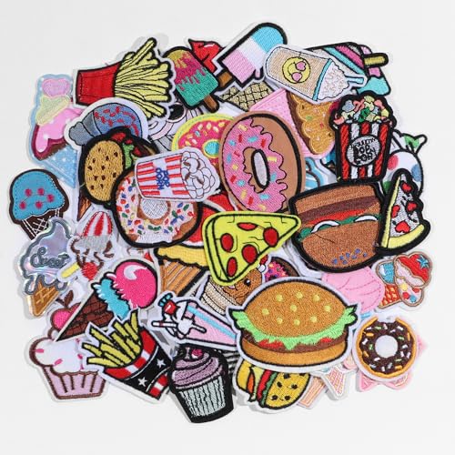 50Pcs Snacks Iron on Patches, Ice Cream French Fries Candy Hamburger Donuts Patch Assorted Sewing Applique Patches for Clothes, Dress, Hat, Jeans, DIY Accessories