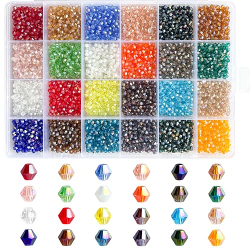 Rubdub 4800pcs 3mm Crystal Beads Bicone Bracelet Beads Bulk Small Faceted Glass Beads for Necklace Earring Keychain Dolls Jewelry Making (24 Colors Rainbow AB)