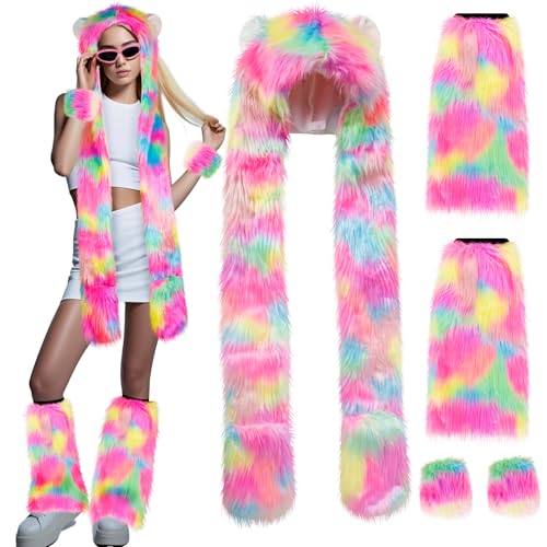 ShellKingdom Plush Novelty Animal Hat, 3 in 1 Function Faux Fur Full Animal Hood Hat Winter Warmer Cap with Wrist & Leg Covers for Halloween Cosplay Party (Rainbow Hat with Wrist & Leg Cover)