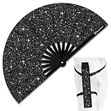 Raveahem Glitter Large Rave Folding Clack Hand Fan with holster for men/women Handheld Fan for EDM,Festival,Club,Party,Dance (Blk)
