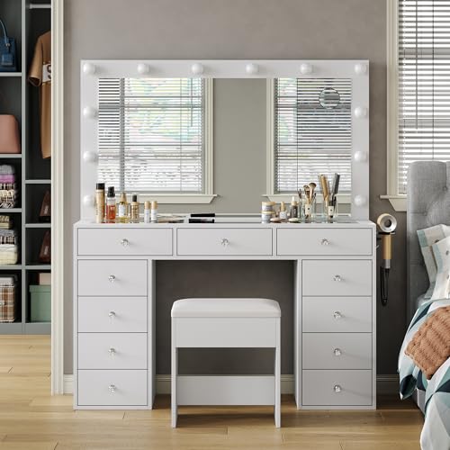 FUSOU Vanity Desk with Power Outlet, Makeup Vanity with Mirror and 12 LED Lights, 3 Lighting Modes,11 Drawers Vanity Table with Chair, Glass Top, Dressing Table for Bedroom,Dressing Room, White