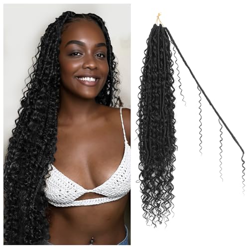 Boho Goddess locs Crochet Hair : 8 Packs Pre Looped Bohemian Faux Locs Crochet Hair Extensions for Black Women,24 Inch with 3 flying Curls（24 Inch，1B）