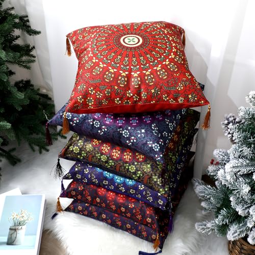 Mixweer 6 Pack Mandala Bohemian Pillow Covers 16 x 16 Inch Square Indian Pillow Covers Retro Decorative Farmhouse Cushion Pillowcase with Tassel for Sofa Bed Arabian Moroccan Home Decor, Colorful