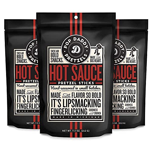 Pop Daddy Flavored Pretzels Sticks, Healthy Gourmet Pretzels Snacks, 7.5oz Individual Bags, 3 Pack, Hot Sauce