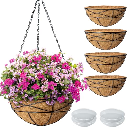 Karlliu 4 Pack 14 Inch Hanging Flower Baskets for Outdoor Plants Large Metal Wire Planters with Coco Liner Pot for Home Planting Black Watering Plant Holders for Outside Garden