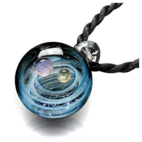 Jovivi Natural Lampwork Glass Pendant Necklace,Unique Special Universe Galaxy Space Cosmos Design, Series Nebula Ribbon Double Planet