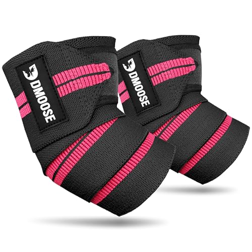DMoose Fitness Elbow Wraps for Weightlifting (Pair) - 40'' Adjustable Elbow Strap for Gym Workout, Bench Press & Powerlifting - Compression Wraps for Tendonitis & Joint Support (Pink Stripes)