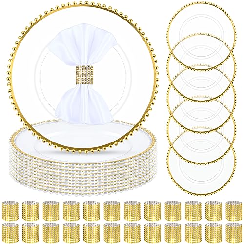 Uiifan 100 Pcs 50 sets Clear Gold Charger Plates and Napkin Rings Including 13 Inch Plastic Beaded Rim Acrylic Charger Plates Napkin Rings for Wedding Party Dinner Table Events Decoration