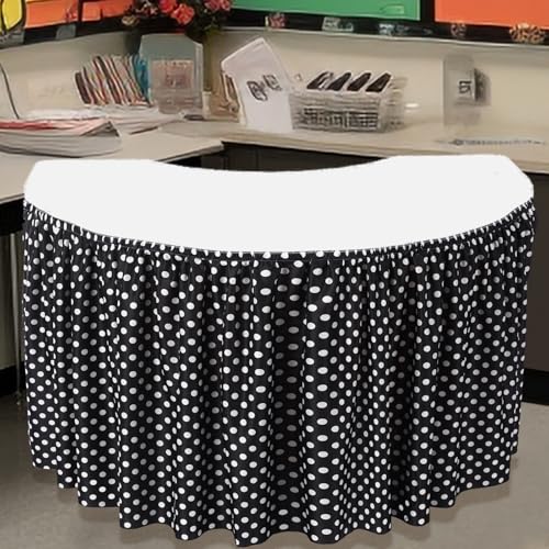 Oudain 14 ft Black and White Polka Dots Table Skirt Cloths for Teacher Desk Boho Wrinkle Polka Dots Table Cover Skirt for Kindergarten Classroom Kidney Shaped Desk Back to School Supplies
