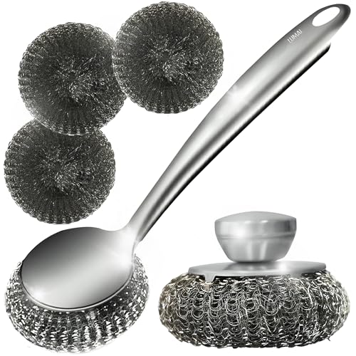 LUMAI Steel Wool Scrubber Dish Brush with Handle, Deep Cleaning Metal Scrubber Set, Steel Scrubber for Dishes, Metal Dish Scrubber, Metal Scrubbers for Cleaning Dishes (Silver)