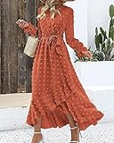 BTFBM Womens Boho Cocktail Maxi Dress Fall Fashion 2025 V Neck Long Sleeve Swiss Dot Flowy Slit Wedding Guest Dresses(Swiss Dot Orange, Small)