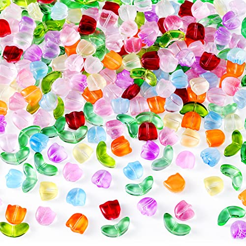 PAGOW 160PCS Tulip Flower Beads Glass Translucent Bracelet Beads Colorful Handcrafted Crystal Loose Glass Beads for Spring Summer Valentines Wedding DIY Jewelry Making Gifts