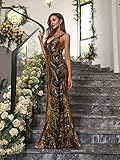 Angel-fashions Women's Sequin V Neck Paillette Tree Branch Tulle Backless Lace Up Mermaid Evening Dress Small Gold