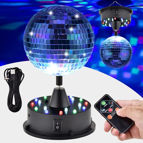 Rotating Disco Ball with Motor and Light,5" Hanging Mirror Ball Motor,6-12RPM Adjustable Spend Disco Party Lights,18 LEDs DJ Light,Hanging and Table 2 Use for Weddings Birthday Pub Holiday