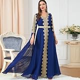 AFAVOM Moroccan Kaftan Dresses for Women Abaya Golden Lace Dress Handmade Embroidered Islamic Ramadan Eid Dress Traditional Arabic Dubai Muslim Prayer Robe Wedding Party Gown Royal Blue M