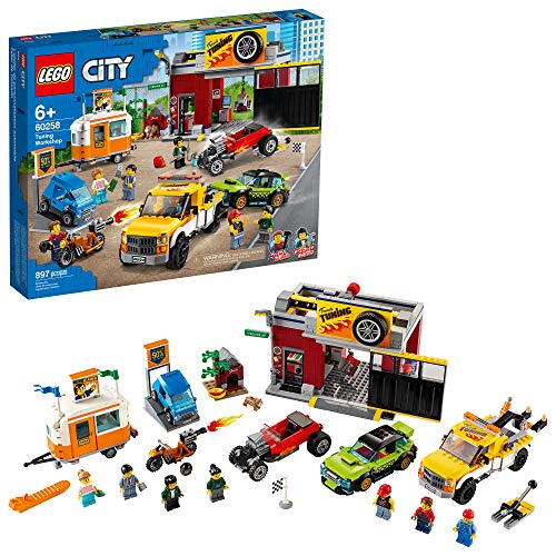 LEGO City Tuning Workshop 60258, Features a Toy Garage, Car Shop, Camping Trailer, Motorcycle, Crane and Tow Truck in One Fun Playset, Makes a Great Gift for Kids