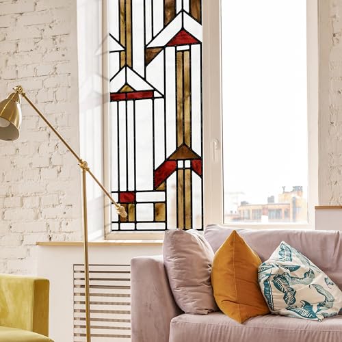 ChicSkin Original Hand Drawn Faux Stained Glass Window Film, Double-Sided Translucent Static Film, Amber Geometry Patterns Inspired by Hollyhock House 16.93"X84.65"
