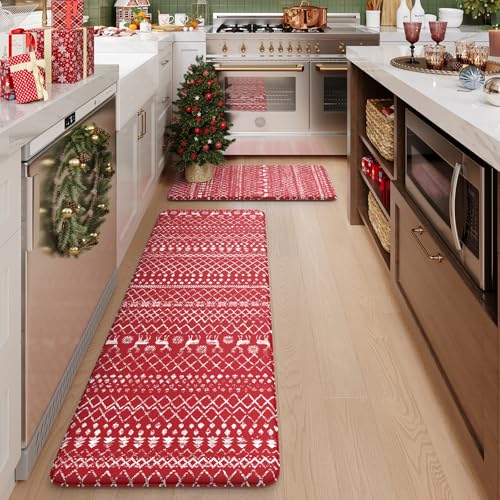 KIMODE Christmas Kitchen Rugs Sets of 2, Anti Fatigue Mats for Kitchen Floor, Farmhouse Red Christmas Kitchen Decor, Cushioned Kitchen Floor Mats Non Slip for Sink Laundry Desk 17"x47"+17"x29"