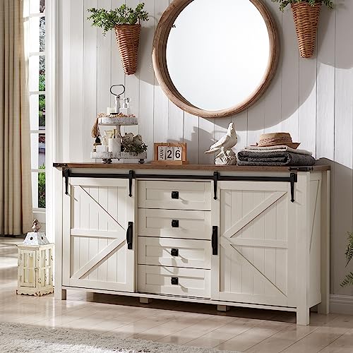 T4TREAM 60'' Farmhouse Dresser Chests for Bedroom w/4 Drawers & Sliding Barn Doors, Tall Chest of Drawers, Rustic Dresser TV Stand, Organizer for Bedroom, Living Room, Kitchen, Antique White