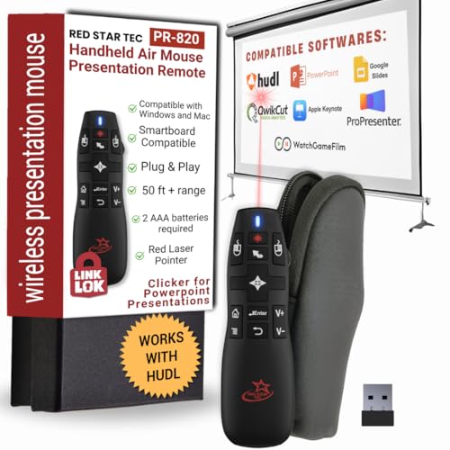 PR-820 Wireless Presentation Clicker with Laser Pointer, PowerPoint Clicker with Air Mouse, Remote for Slideshows, Google Slides, Keynote & Smartboards, Mac/PC Compatible