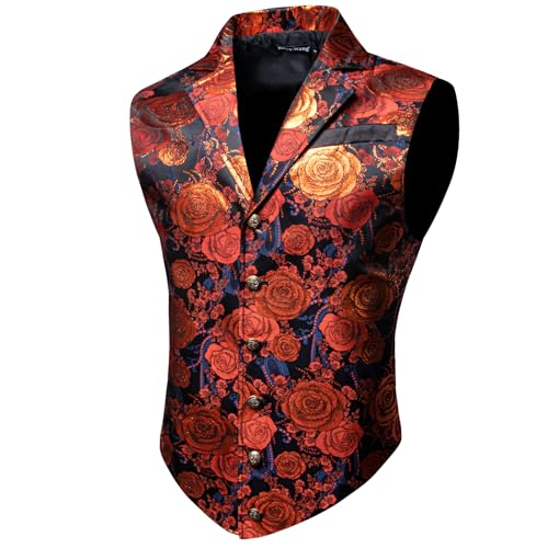 Barry.Wang Mens Victorian Vest Steampunk Gothic Burnt Orange Paisley Tailored Collar Waistcoat Halloween Themed Party