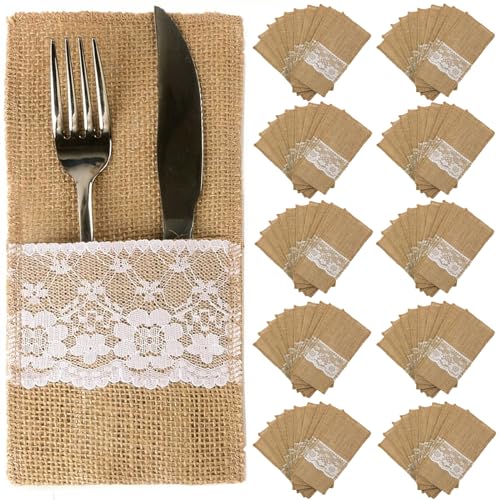 OZXCHIXU TM 100 Pack Natural Burlap Cutlery Holder Pouch Bag 4x8.5 Inch with Lace Silverware Napkin Holders Wedding Party Bridal Shower Table Setting Table Decoration