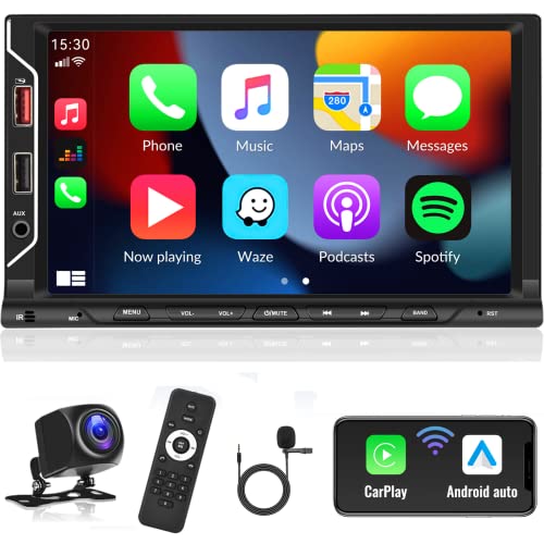 UNITOPSCI Double Din Car Stereo, Wireless CarPlay Android Auto Radio, Bluetooth Head Unit 7 Inch HD Touch Screen MP5 Player Mirror Link FM/6 USB/AUX in/Fast Charge+ Backup Camera Remote Control Mic