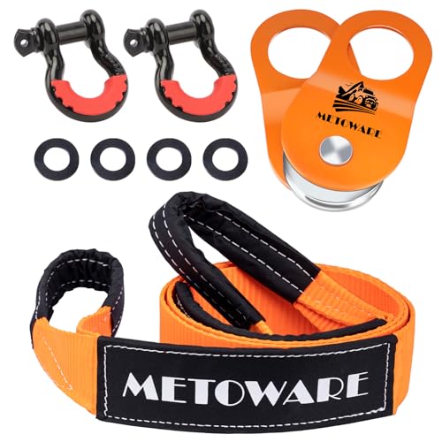METOWARE Offroad Recovery Kit - 10 Ton Heavy Duty Winch Snatch Block Pulley, 3" x8' Tree Saver Strap and 2pk 3/4" D Ring Shackles