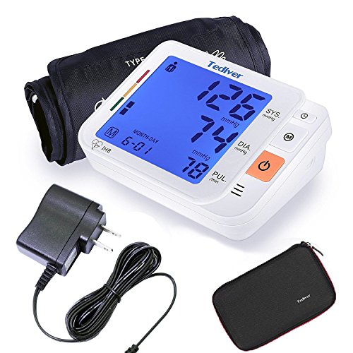 Tediver Digital Blood Pressure Monitor, Large Cuff 0.7-1.3 Feet, Electric Upper Arm Blood Pressure Machine with Electric Powered Charger and Device Case, Backlight LCD screen, 2 Year Warranty