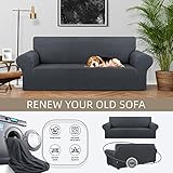 KEKUOU Stretch Sofa Cover Slipcover ，Couch Covers for 3 Cushion Couch Sofa pet Friendly (79"-94") Furniture Protector Sofa with Elastic Bottom for Kids,Dog, Jacquard Small Checked(Large,Charcoal)