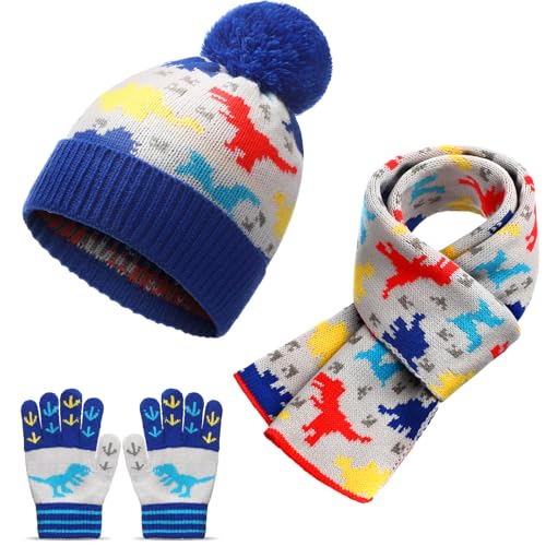 Fourluoo Kids Winter Hat Gloves Scarf Set Dinosaur Children Hat Beanie with Pom Winter Knit Neck Mittens for Boys Toddlers(2-4years)