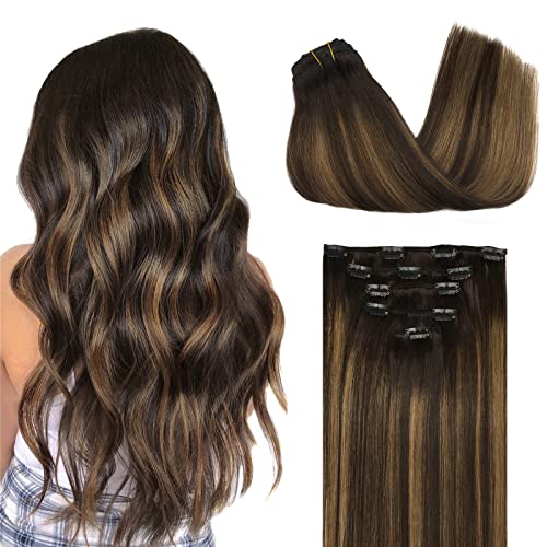 DOORES Hair Extensions Clip in Human Hair, 5pcs 80g 18 Inch Balayage Dark Brown to Chestnut Brown Clip in Human Hair Extensions Natural Hair Extensions Straight