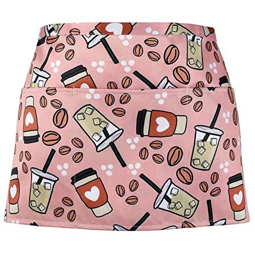 Plum Hill Coffee Server Waist Apron - Waitress Apron with 3 Pockets - Cute Half Apron for Baristas Cleaning Vendors and Teachers - Waitress Accessories