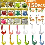 Ghanneey 150Pcs Fishing Soft Lures Kit Set with Jig Heads Hooks Kit Soft Plastic Grubs and Crappie Jig Fishing Hooks for Bass Trout Saltwater and Freshwater