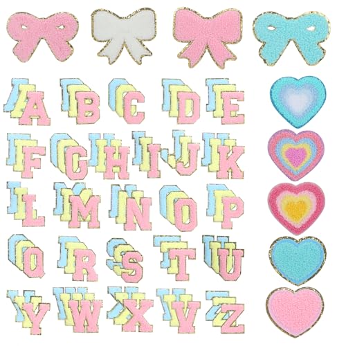 87 Pcs Chenille on Patches for Clothing Letter Self Adhesive Cute Colorful Love Heart Bow Patches for Jeans Embroidered Applique (Novel Style)