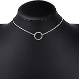 Ladytree S925 Sterling Silver Dainty Simple Circle Pendant Eternity Choker Necklace,Rolo Chain,13+3 inches