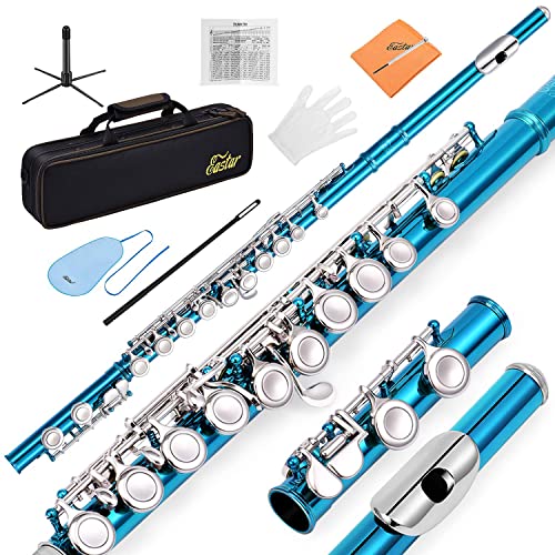 Eastar C Flutes Closed Hole 16 Keys Flute for Beginner Kids Student Flute Instrument with Fingering Chart, Cleaning Kit, Stand, Carrying Case, Gloves, Tuning Rod, Sky Blue, EFL-1SB