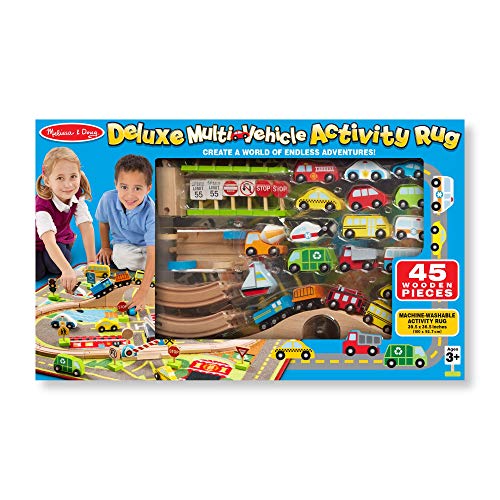 Melissa & Doug Deluxe Multi-Vehicle Activity Rug (39.5" x 36.5") - 19 Vehicles, 12 Wooden Signs, Train Tracks