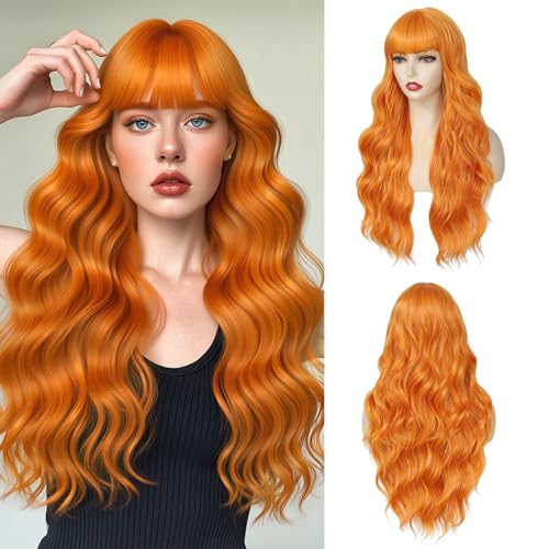 Long Orange Wavy Wig With Bangs for Women 26 Inch Ginger Curly Wavy Wig With Bangs Natural Looking Synthetic Heat Resistant Fiber Wig for Daily Party Use