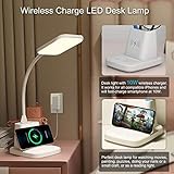 Sailstar Upgraded LED Desk Lamp with Wireless Charger, White Small Desk Light with Pen Holder, 3 Color Modes, CRI 85, 800 Lumen, Study Lamps for College Dorm Room, Home Office, Adapter Included