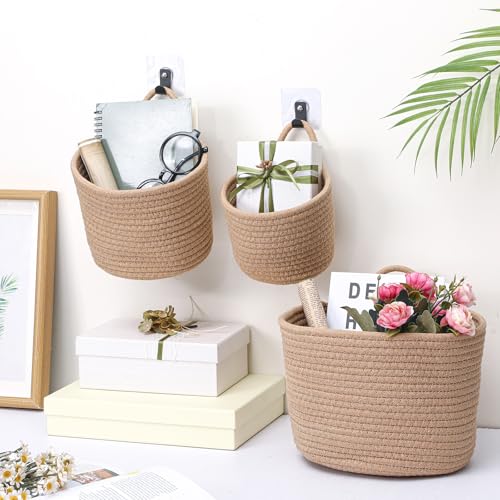 Geiserailie 3 Pack Woven Hanging Baskets Boho Fabric Wall Baskets 3 Size Woven Cotton Pouches Wall Mounted Bag with Adhesive Hooks, Storage Organizers and Decoration Pocket Caddy Bins on Door