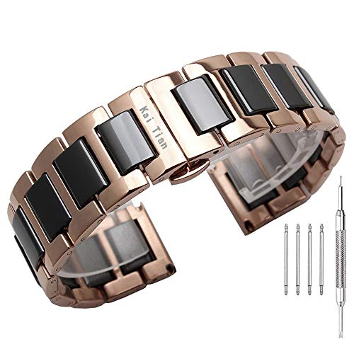 Kai Tian Rose Gold Stainless Steel Watch Bands Black Ceramics Watch Band 22mm Shiny Metal Watch Strap Replacement Wrist Band with Butterfly Folding Clasp