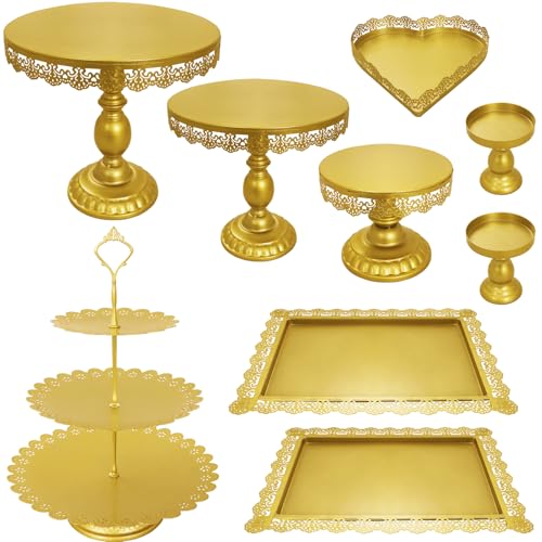 Set of 9 Cake Stands Metal Cupcake Stand Set Multiple Styles Candy Fruit Display Tower Dessert Plate Cake Serving Tray for Birthday Party Wedding Anniversary Baby Shower Engagement (Gold)