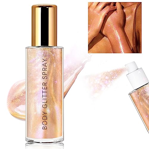 HOSAILY Body Glitter Spray, Moisturizing Bronze Body Shimmer Luminizer Glow Illuminator Quick-Drying and Non-Sticky Liquid Highlighter Spray for Face Hair Glitter, 60ML -Rose Gold