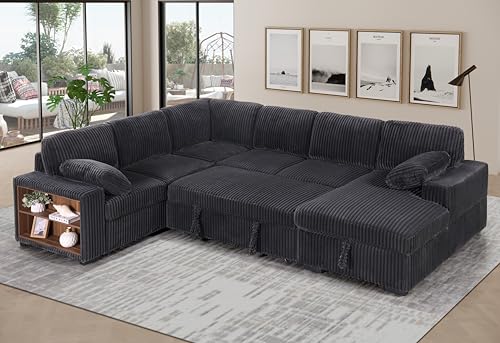 ERYE Oversized U-Shaped Sleeper Sectional Sofa Pull Out Sleep Couch Bed, Modern Living Room Corner Convertible Sofabed Comfy Plush Corduroy Sofa&Couch with Storage Chaise, Open Cabinet and Pillows