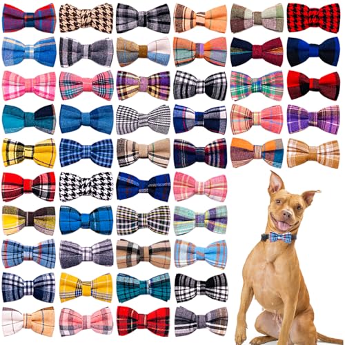 PET SHOW 50Pcs Plaided Large Dog Bow Ties Dog Bowties Doggies Bulk for Medium Big Pet Collar Attachment for Girl Boy Cat Kitten Summer Valentines Holiday Christmas Birthday Wedding Costumes